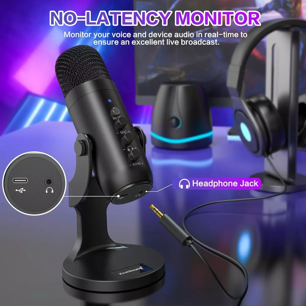 ZealSound USB Condenser Microphone, Headphone Output&Volume Control,Mic Gain Control,Mute Button