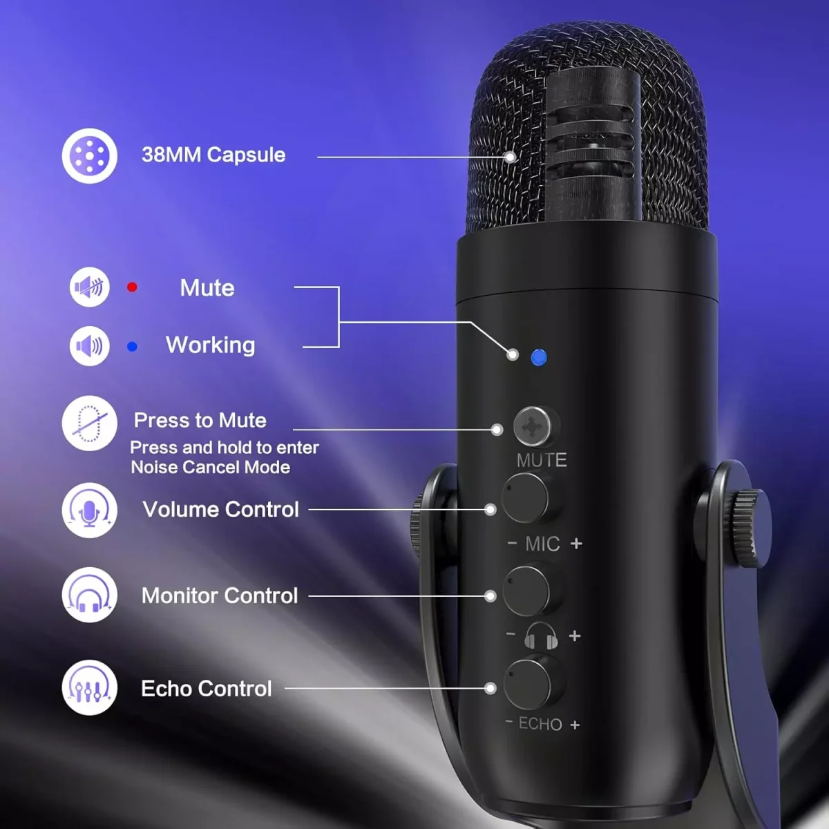 ZealSound USB Condenser Microphone, Headphone Output&Volume Control,Mic Gain Control,Mute Button