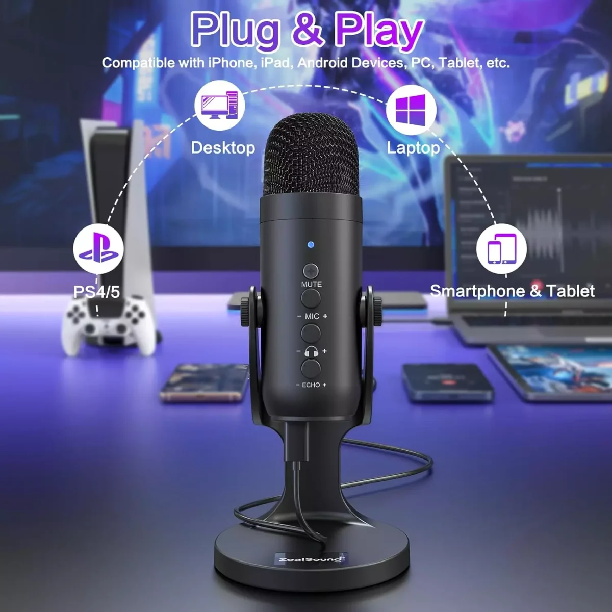ZealSound USB Condenser Microphone, Headphone Output&Volume Control,Mic Gain Control,Mute Button