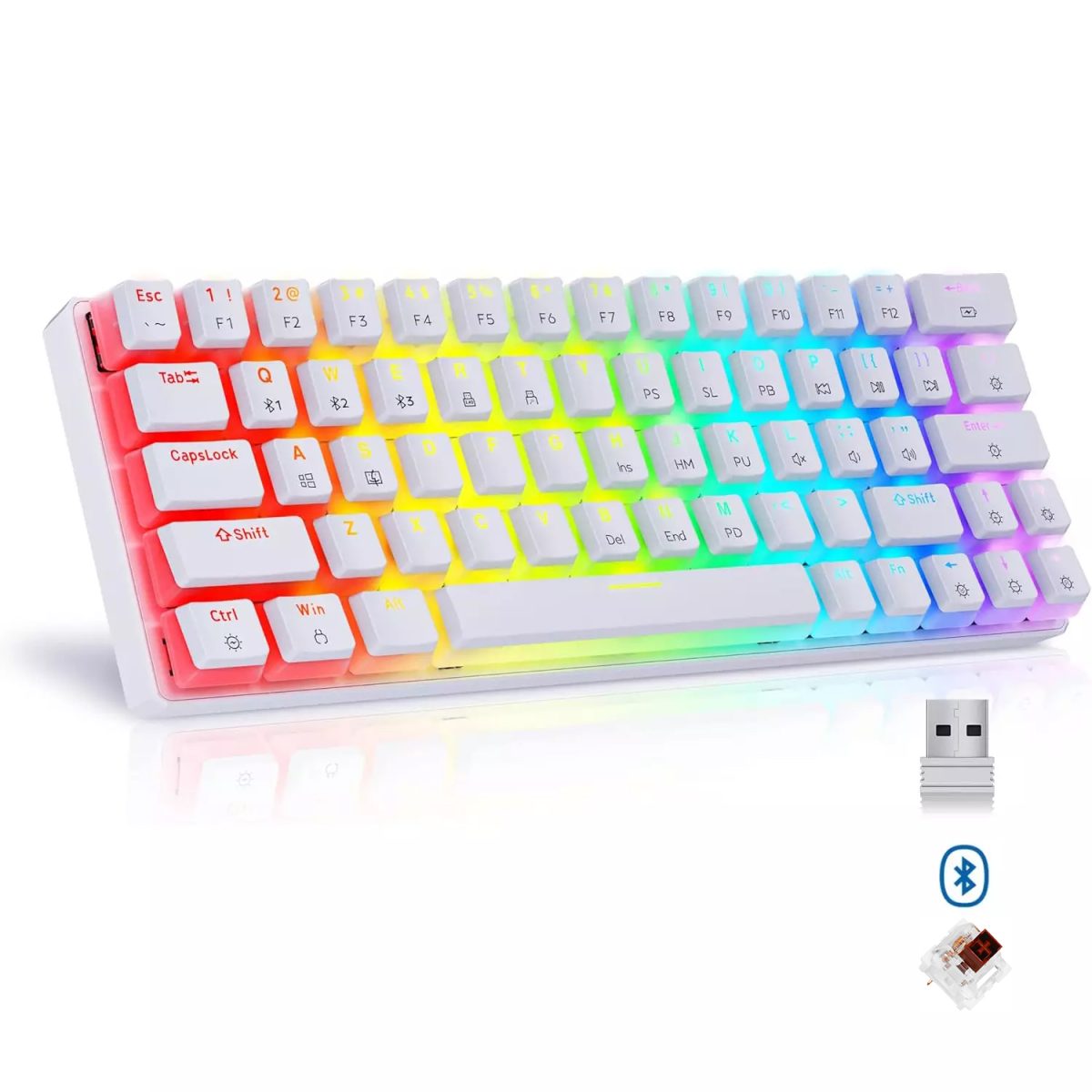 Tezarre TK63 3 Mode Wireless, Bluetooth, Wired RGB Keyboard - Hot Swappable Optical Gateron Brown Switch - Pudding Keycaps (White)
