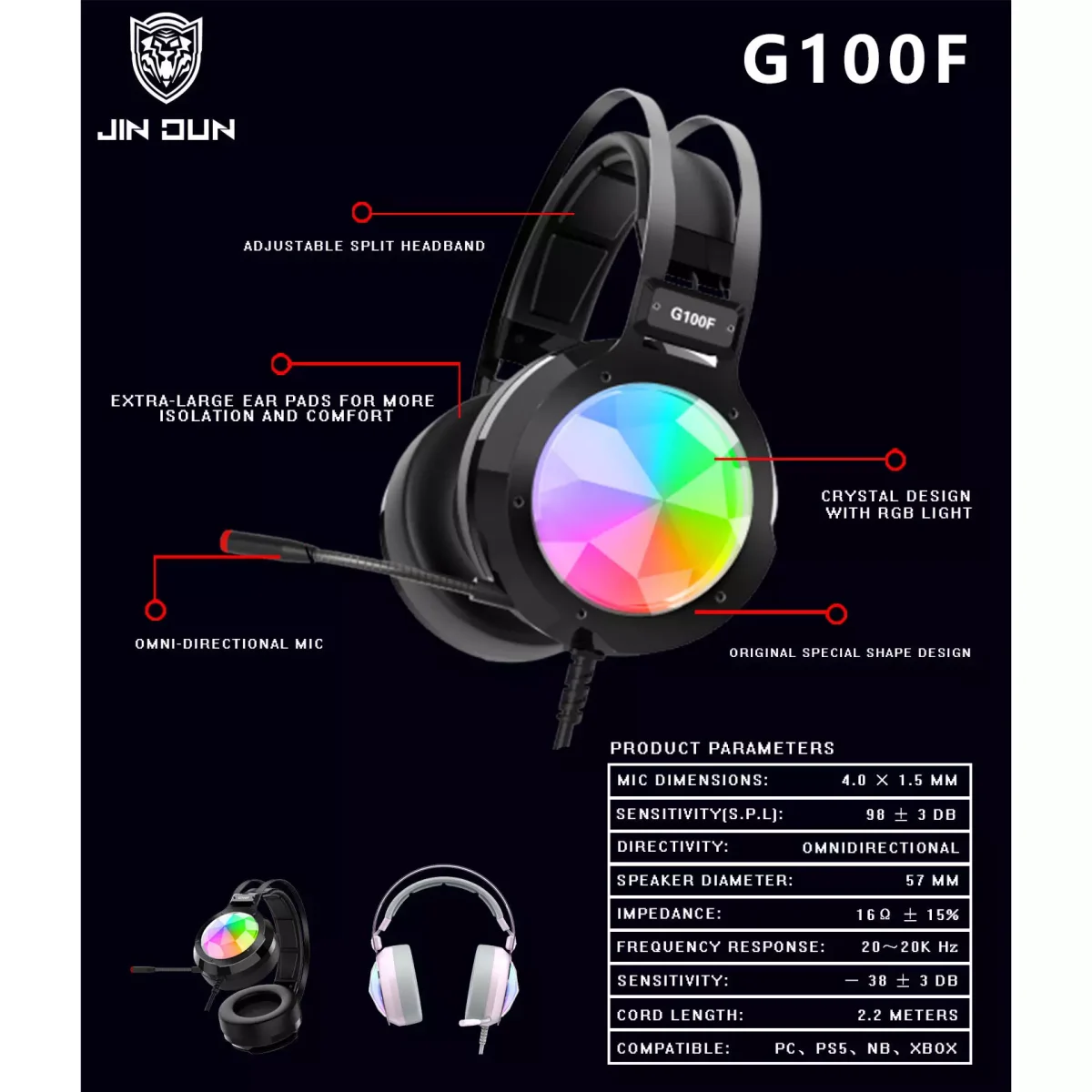 JINDUN G100F USB RGB Gaming Headset - 7.1 Surround Sound