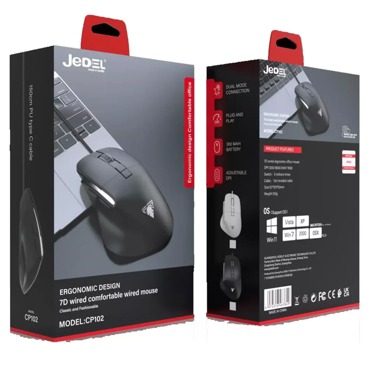 JeDEL CP102 Mouse - Optical Sensor 3600 DPI - 7 Buttons Braided cable (Black)