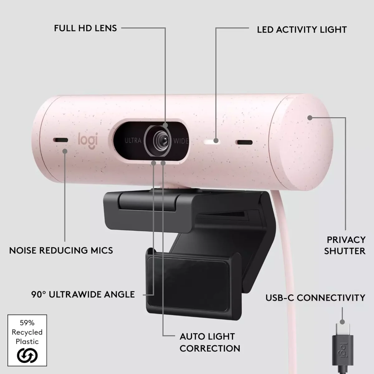Logitech Brio 500 Full HD Webcam with Auto Light Correction,Show Mode, Dual Noise Reduction Mics (Rose)