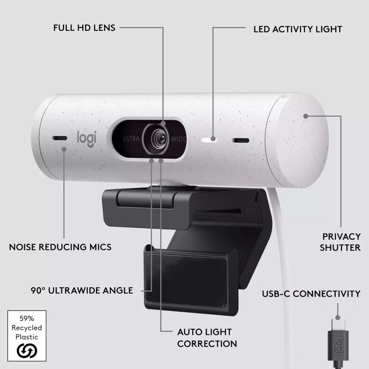 Logitech Brio 500 Full HD Webcam with Auto Light Correction,Show Mode, Dual Noise Reduction Mics (White)