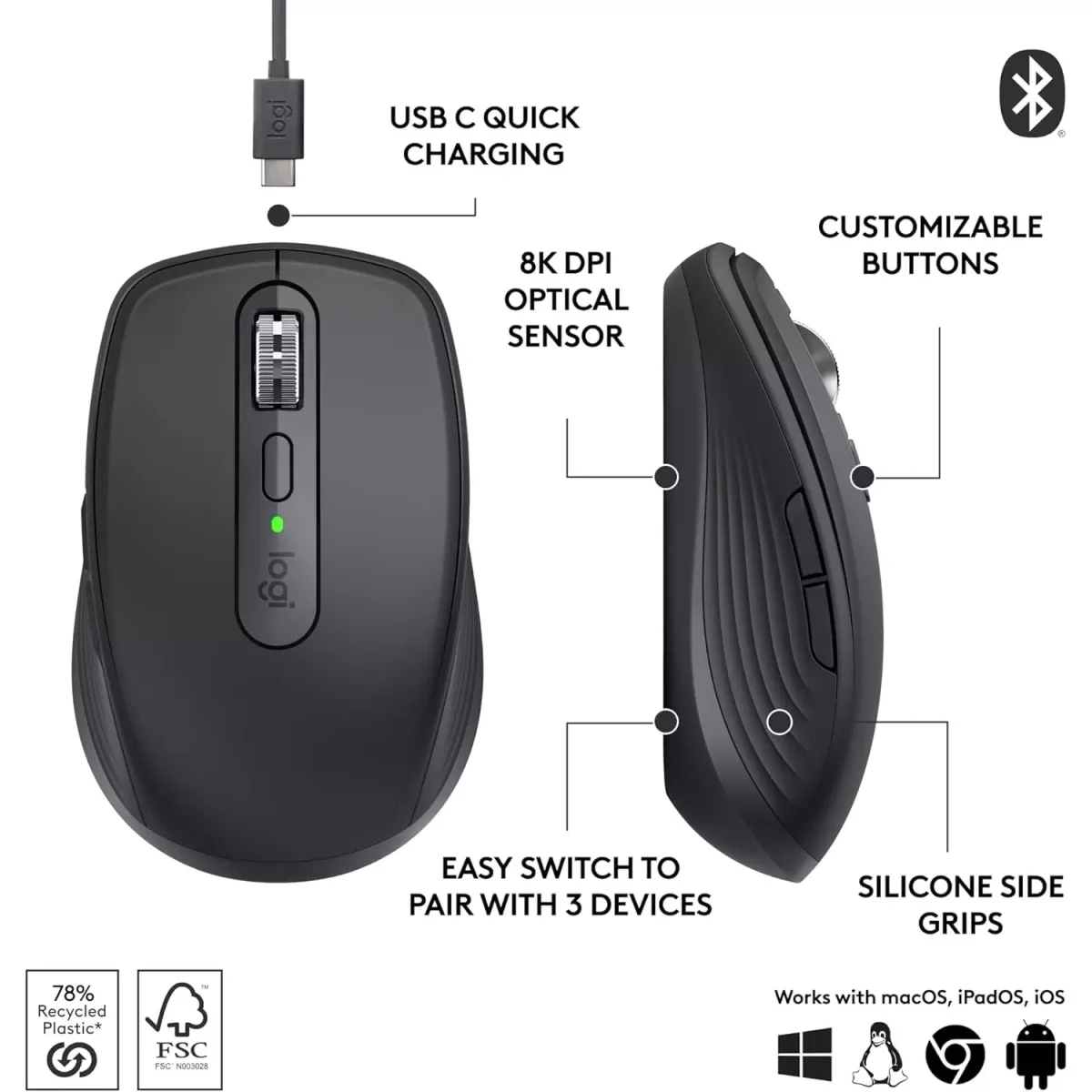 Logitech MX Anywhere 3S Compact Wireless Mouse (Graphite)