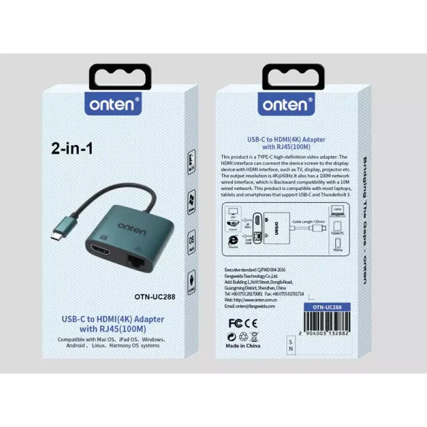 ONTEN UC288 USB-C to HDMI HD Video Adapter with RJ45(100M)