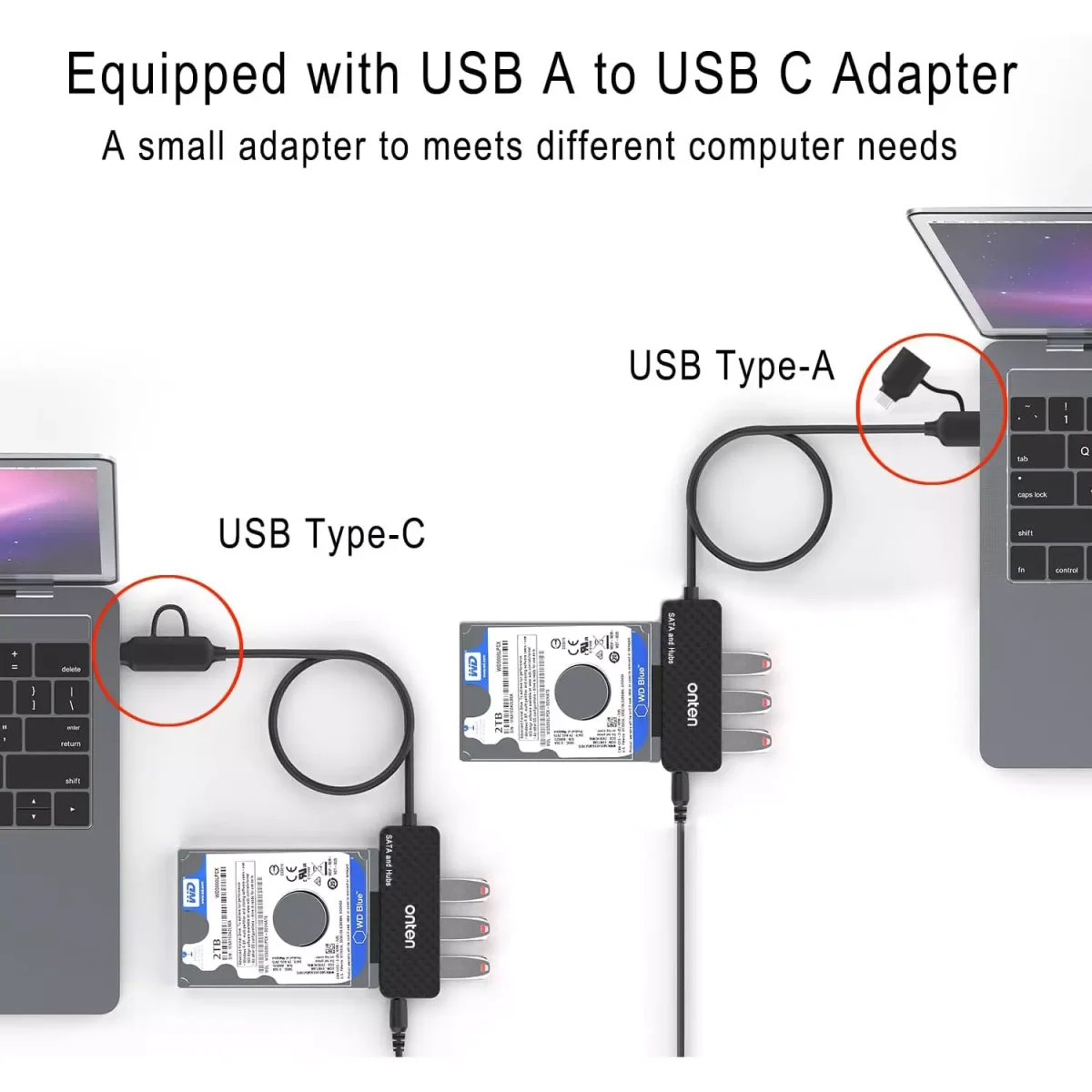 ONTEN UCA312 USB-A & USB-C to SATA Adapter with 3XUSB 3.0 HUB