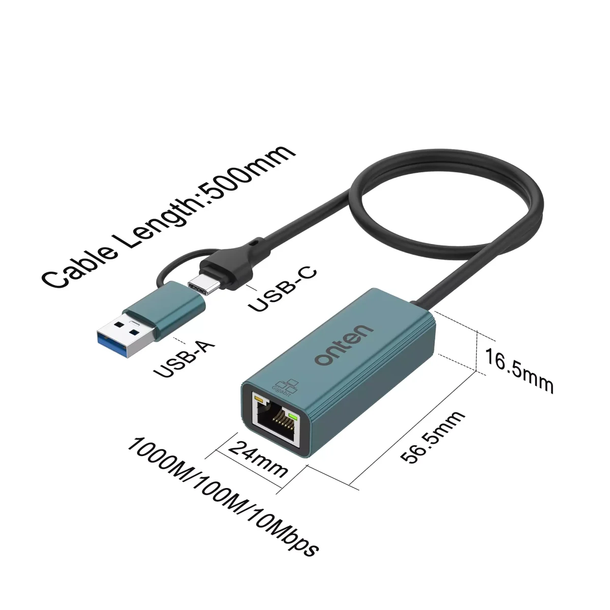 ONTEN UE106+ Ethernet Adapter USB-A & USB-C RJ45 1000M