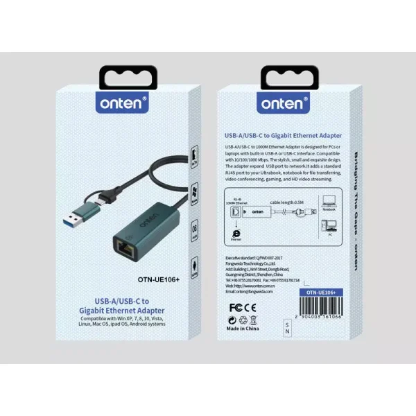 ONTEN UE106+ Ethernet Adapter USB-A & USB-C RJ45 1000M