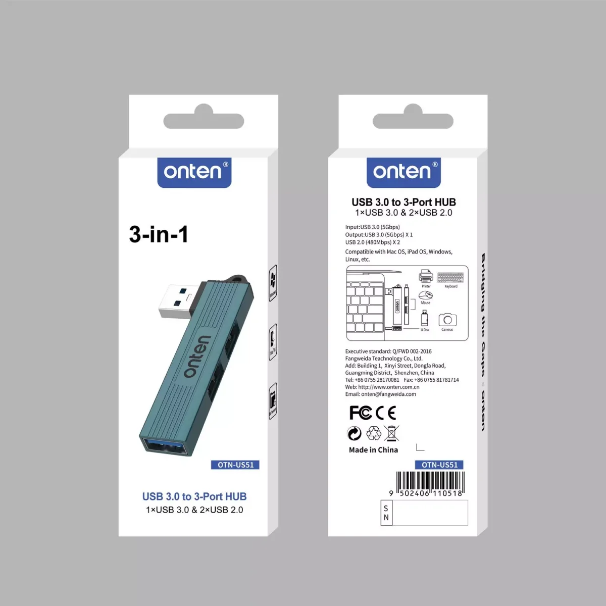 ONTEN US51 3 in 1 USB  HUB to 3 port Hub USB 3.0 X1 USB 2.0 X2