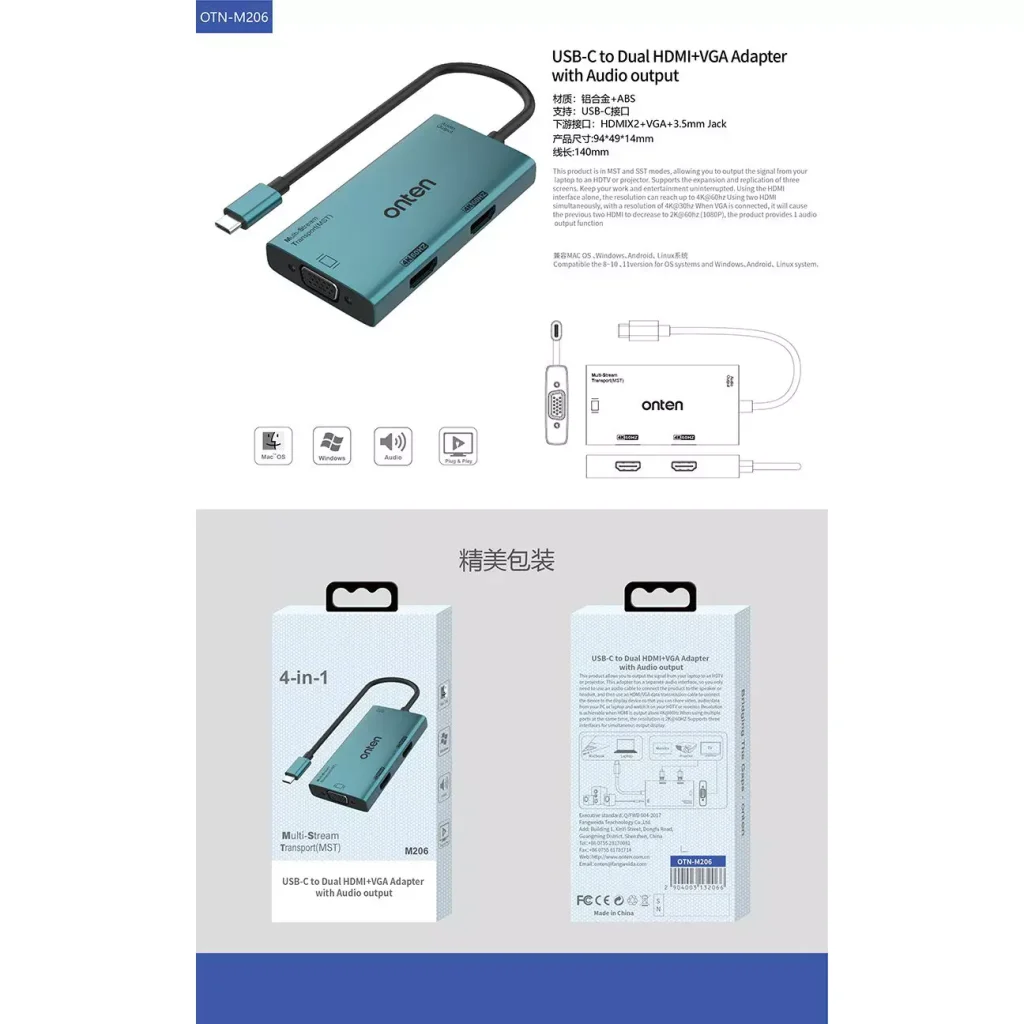 ONTEN M206 USB C HUB 4 IN 1 Multi Stream Dual HDMI 4K @60Hz, VGA and Audio 3.5MM