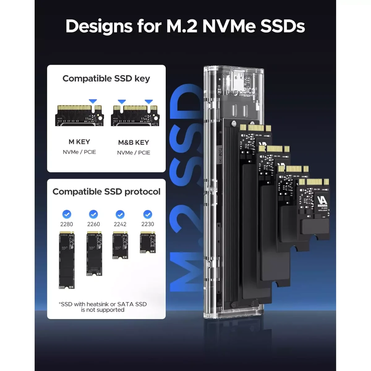 ORICO M.2 NVMe SSD Enclosure, USB 3.2 Gen 2 (10 Gbps), Transparent External Solid State Drive Adapter Enclosure for 2280 2260 2242 2230 PCI-E M2 M-Key SSD, USB Type C Converter Case