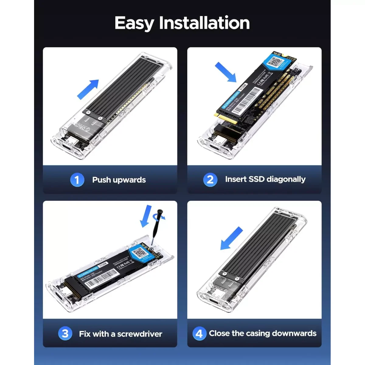 ORICO M.2 NVMe SSD Enclosure, USB 3.2 Gen 2 (10 Gbps), Transparent External Solid State Drive Adapter Enclosure for 2280 2260 2242 2230 PCI-E M2 M-Key SSD, USB Type C Converter Case