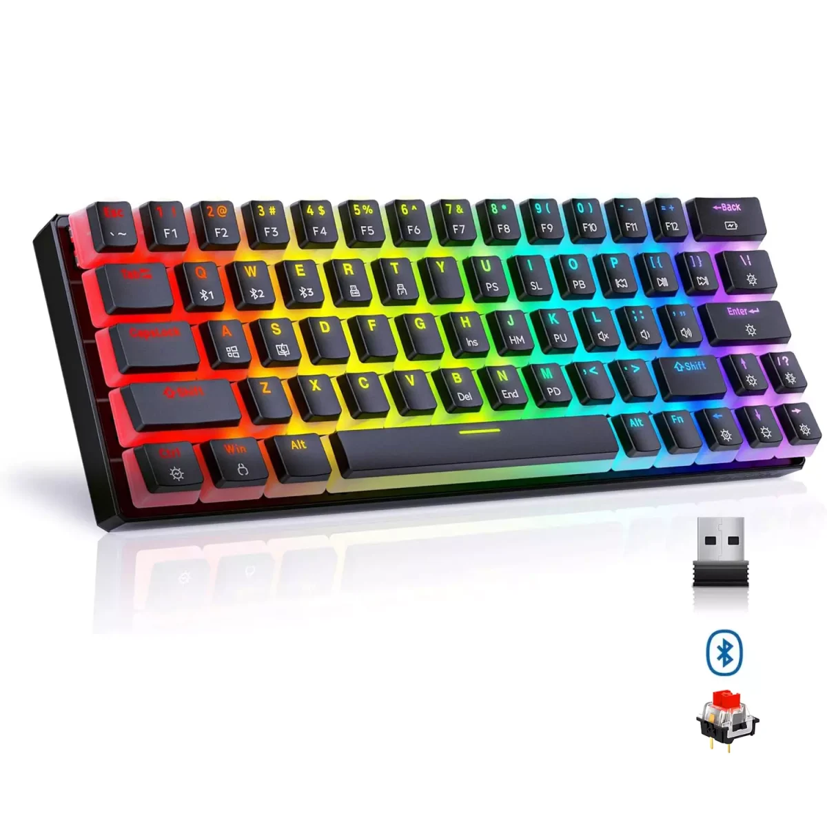 Tezarre TK63 3 Mode Wireless, Bluetooth, Wired RGB Keyboard - Hot Swappable Optical Gateron Red Switch - Pudding Keycaps (Black)