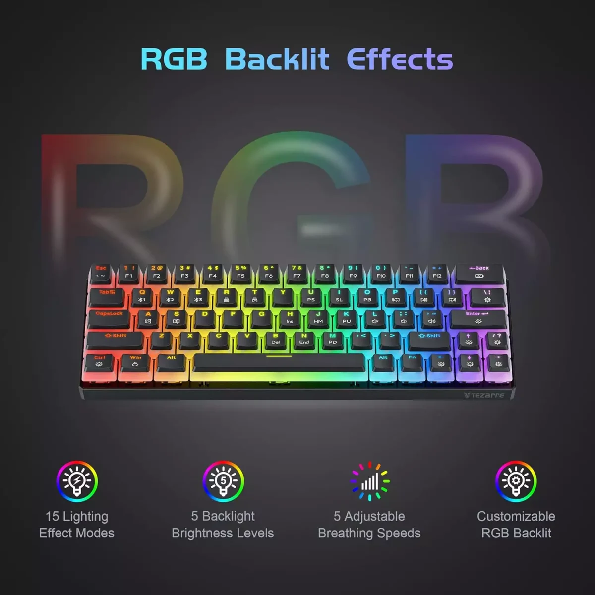 Tezarre TK63 3 Mode Wireless, Bluetooth, Wired RGB Keyboard - Hot Swappable Optical Gateron Black Switch - Pudding Keycaps (Black)