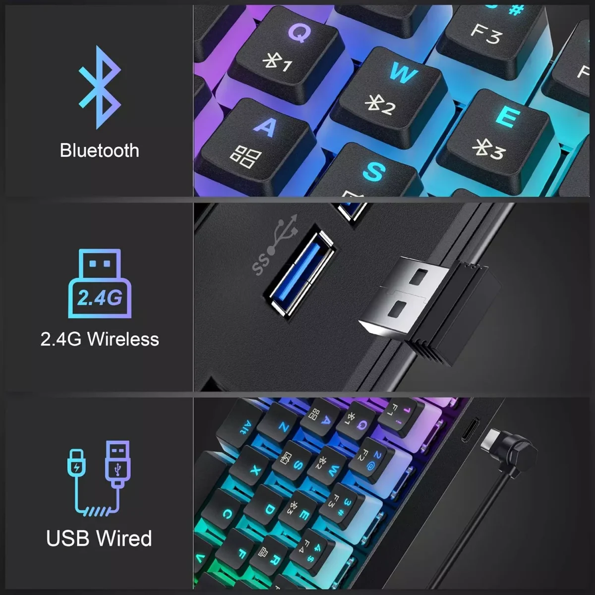 Tezarre TK63 3 Mode Wireless, Bluetooth, Wired RGB Keyboard - Hot Swappable Optical Gateron Black Switch - Pudding Keycaps (Black)