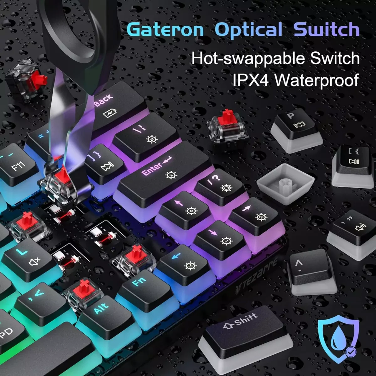 Tezarre TK63 3 Mode Wireless, Bluetooth, Wired RGB Keyboard - Hot Swappable Optical Gateron Black Switch - Pudding Keycaps (Black)