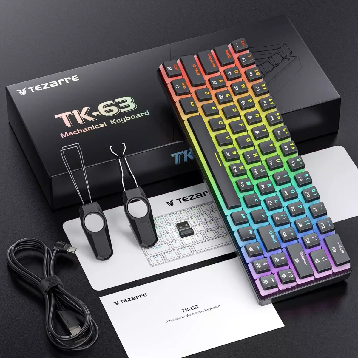 Tezarre TK63 3 Mode Wireless, Bluetooth, Wired RGB Keyboard - Hot Swappable Optical Gateron Black Switch - Pudding Keycaps (Black)