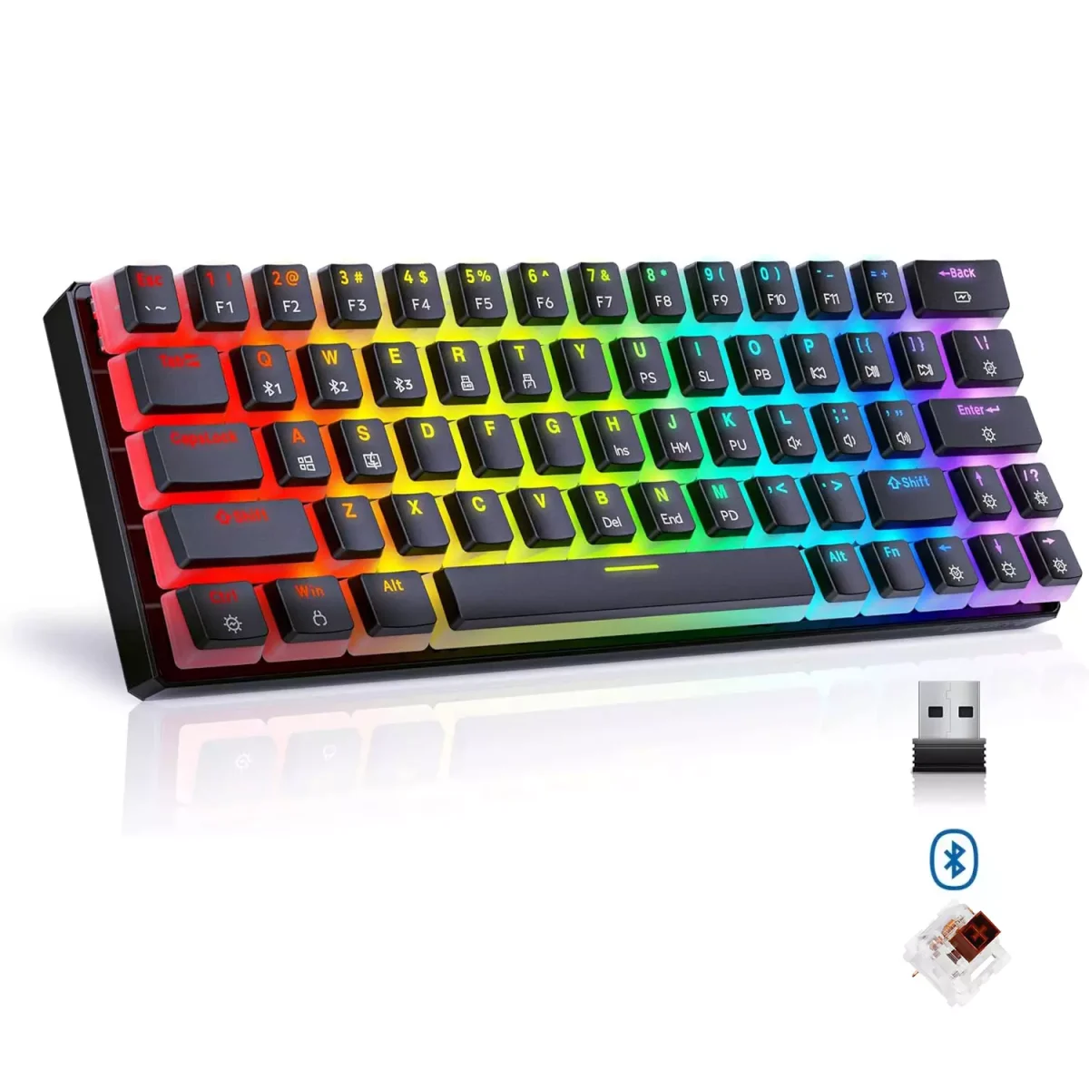 Tezarre TK63 3 Mode Wireless, Bluetooth, Wired RGB Keyboard - Hot Swappable Optical Gateron Brown Switch - Pudding Keycaps (Black)
