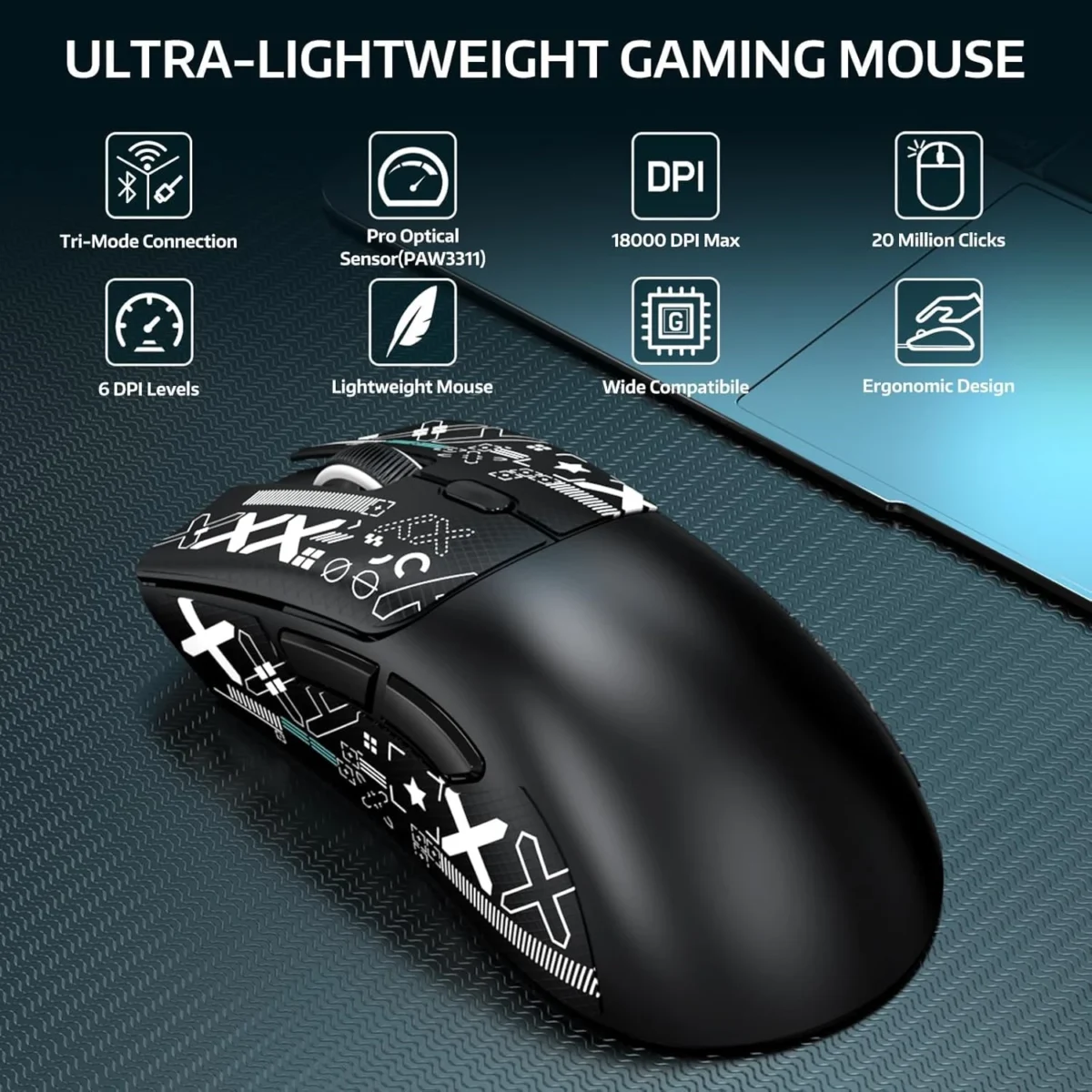 ATTACK SHARK R1 Tri-Mode (Wireless 2.4GWiredBT5.2) Gaming Mouse, ,55g Lightweight,18K DPI Optical Sensor (Black)