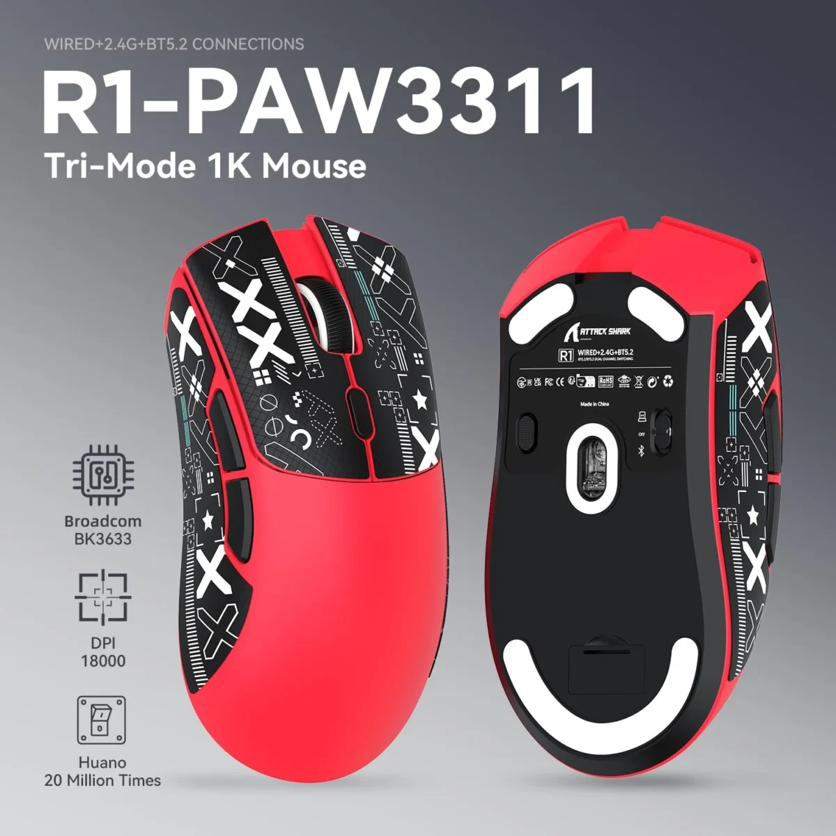 ATTACK SHARK R1 Tri-Mode (Wireless 2.4GWiredBT5.2) Gaming Mouse, ,55g Lightweight,18K DPI Optical Sensor (Red)