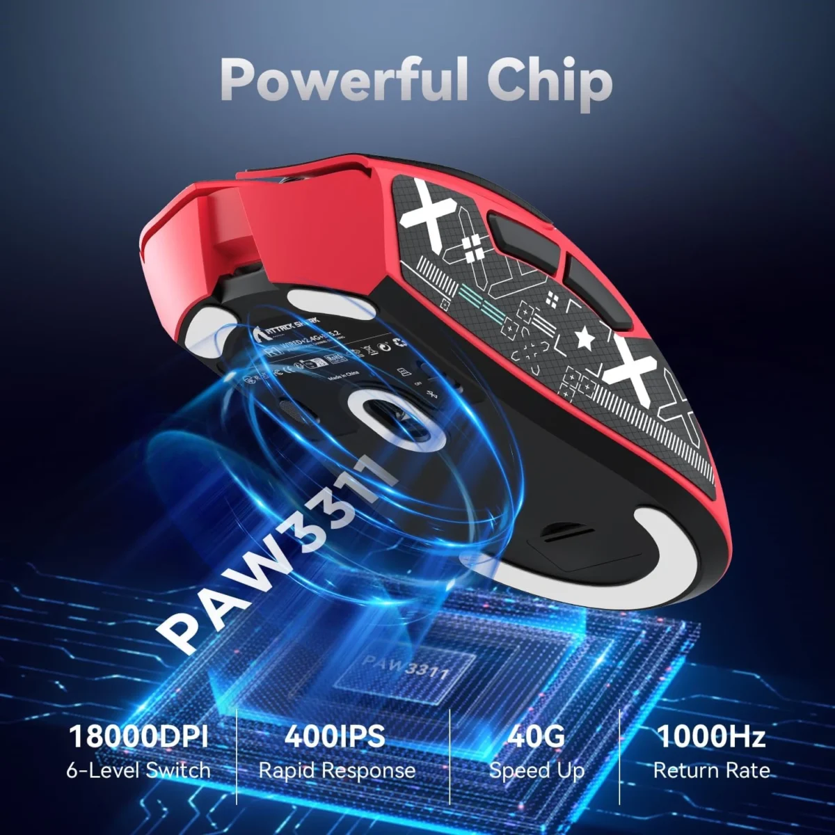 ATTACK SHARK R1 Tri-Mode (Wireless 2.4GWiredBT5.2) Gaming Mouse, ,55g Lightweight,18K DPI Optical Sensor (Red)