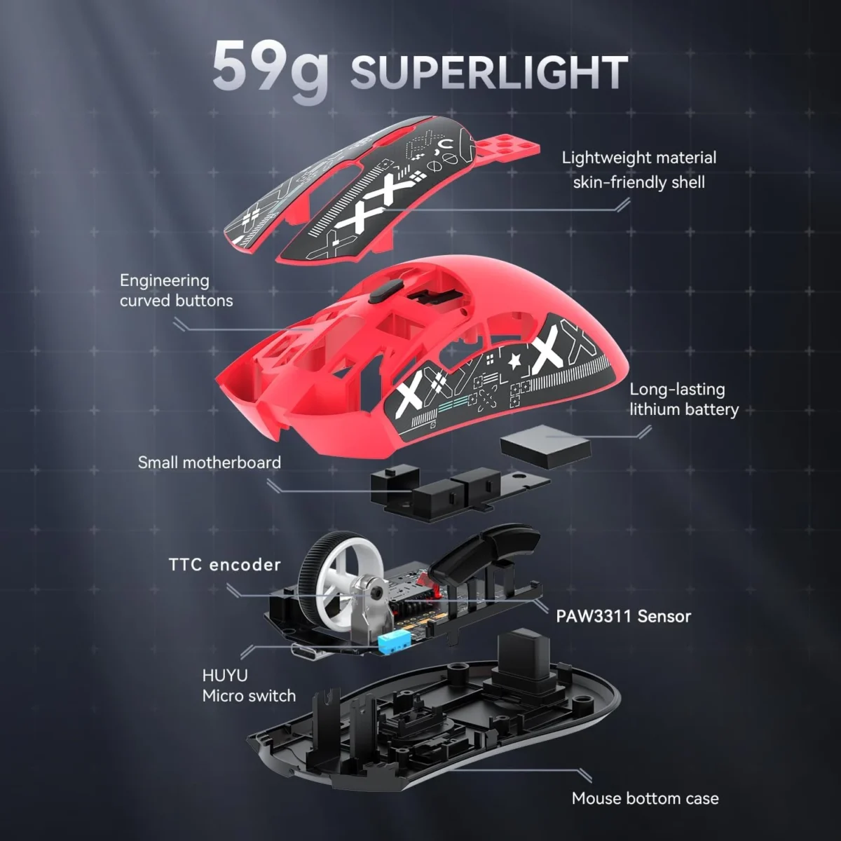 ATTACK SHARK R1 Tri-Mode (Wireless 2.4GWiredBT5.2) Gaming Mouse, ,55g Lightweight,18K DPI Optical Sensor (Red)