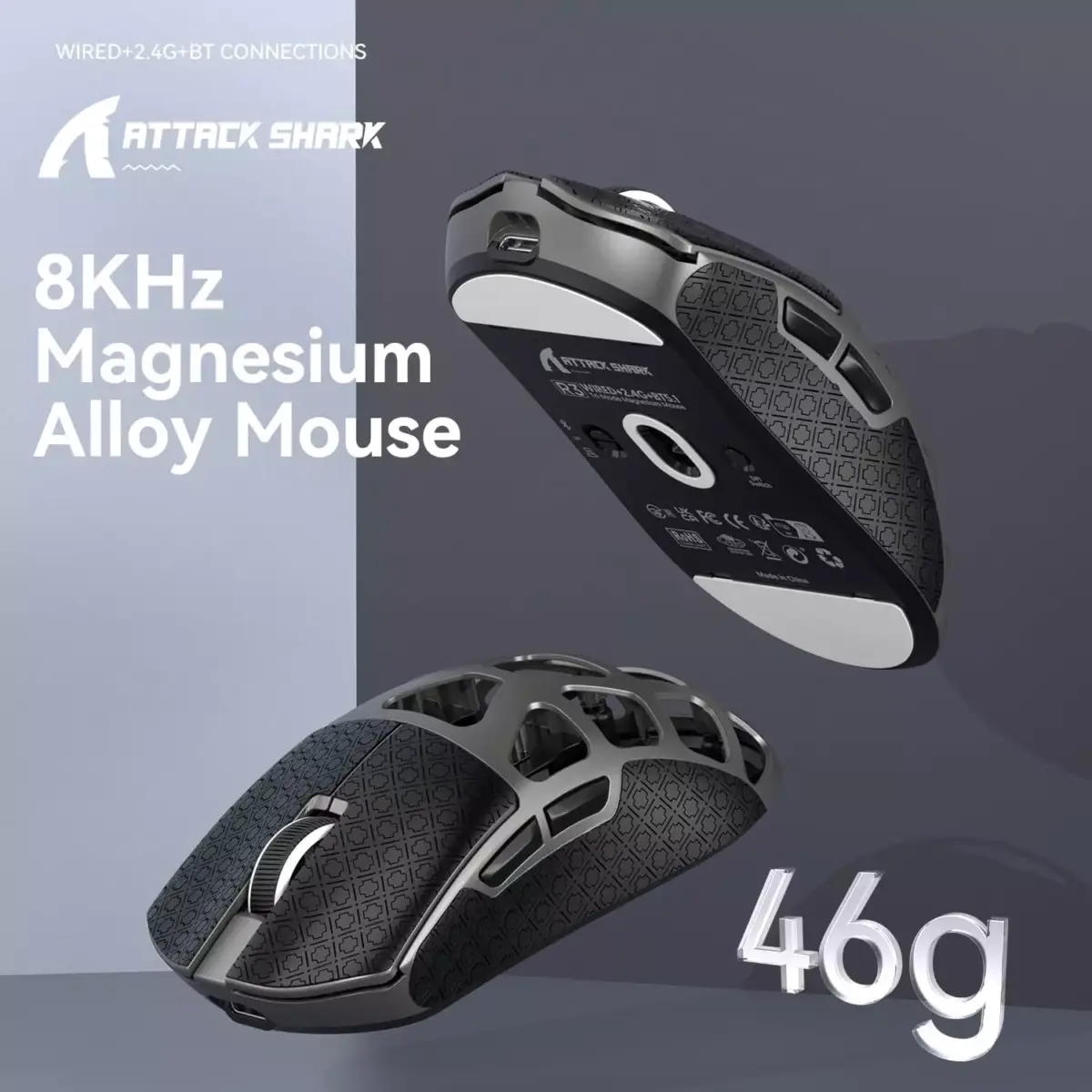 ATTACK SHARK R3 46g Superlight Magnesium Alloy Wireless,Bluetooth & Wired Gaming Mouse, 8KHz Polling Rate, PAW3395 26K DPI Sensor Programmable With Griptape (Grey)
