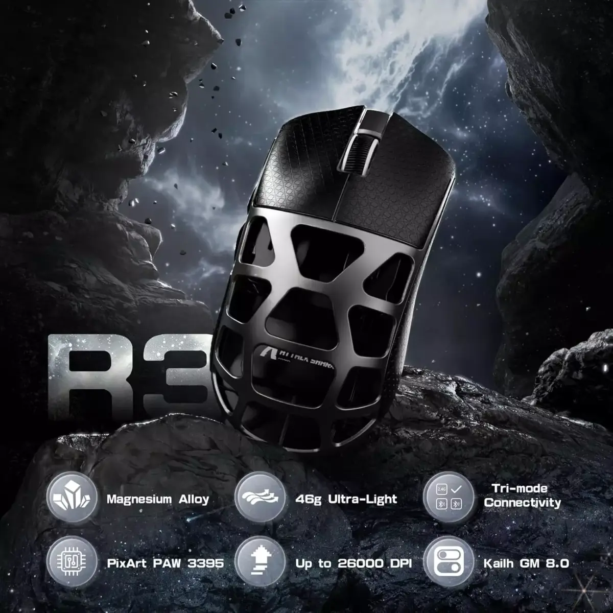 ATTACK SHARK R3 46g Superlight Magnesium Alloy Wireless,Bluetooth & Wired Gaming Mouse, 8KHz Polling Rate, PAW3395 26K DPI Sensor Programmable With Griptape (Grey)