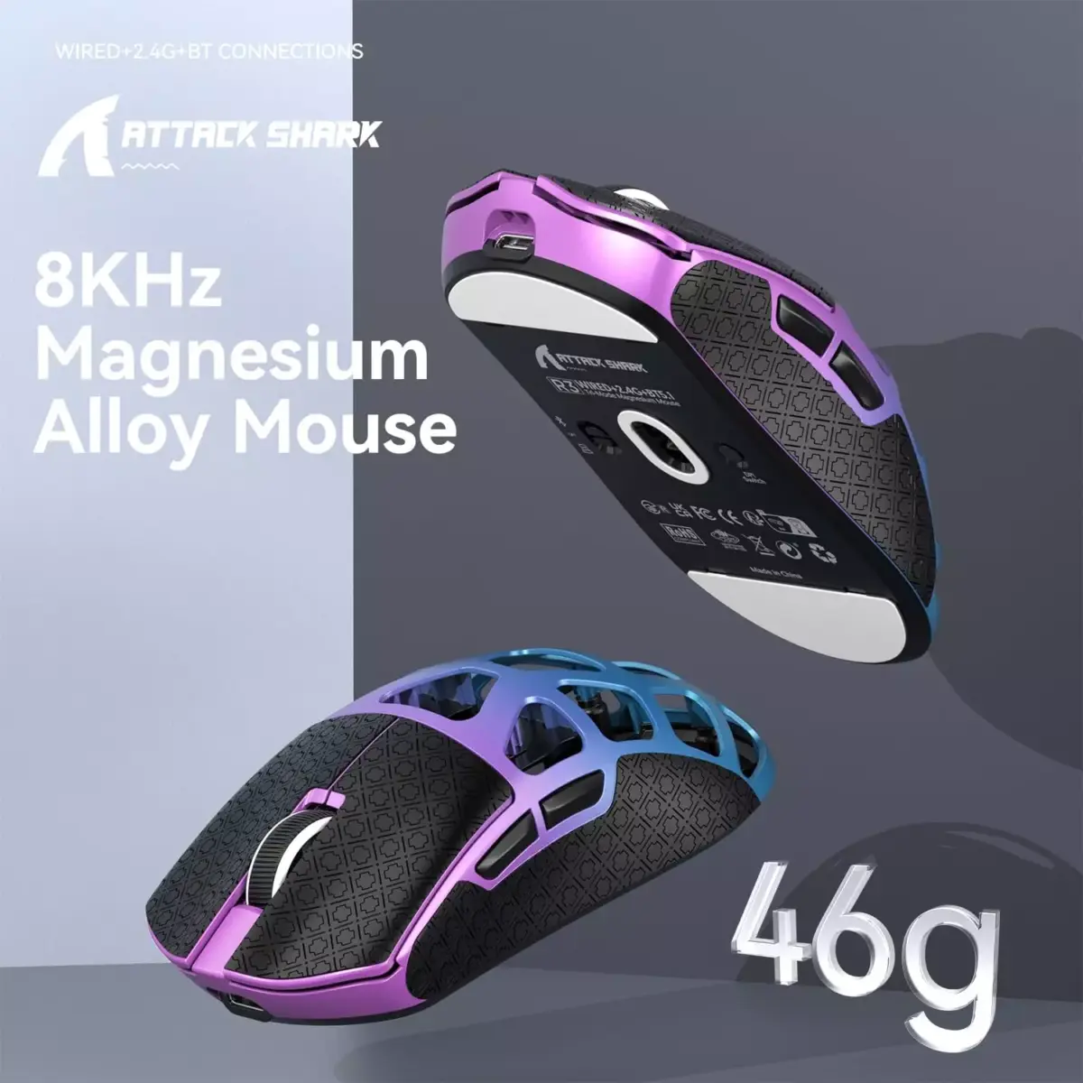 ATTACK SHARK R3 46g Superlight Magnesium Alloy Wireless,Bluetooth & Wired Gaming Mouse, 8KHz Polling Rate, PAW3395 26K DPI Sensor Programmable With Griptape (Purple)
