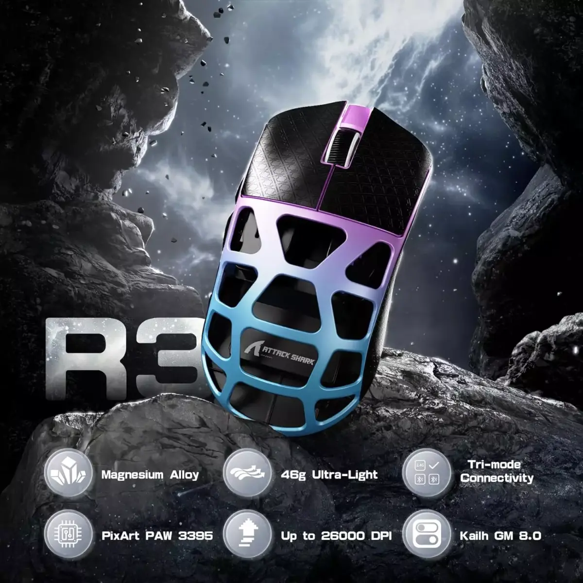ATTACK SHARK R3 46g Superlight Magnesium Alloy Wireless,Bluetooth & Wired Gaming Mouse, 8KHz Polling Rate, PAW3395 26K DPI Sensor Programmable With Griptape (Purple)