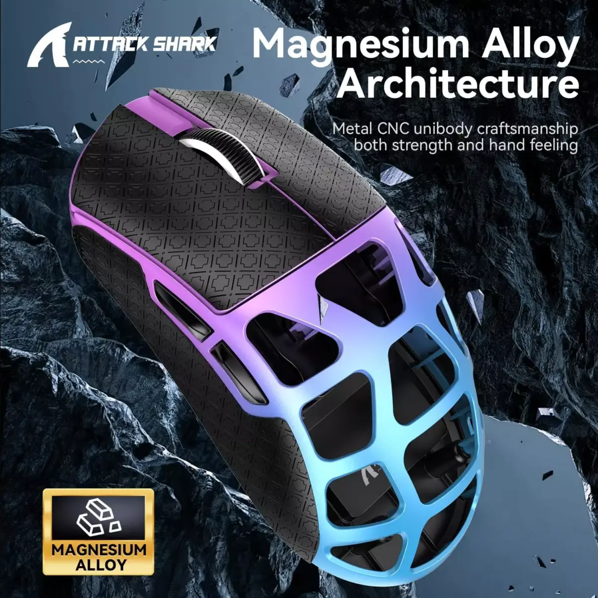 ATTACK SHARK R3 46g Superlight Magnesium Alloy Wireless,Bluetooth & Wired Gaming Mouse, 8KHz Polling Rate, PAW3395 26K DPI Sensor Programmable With Griptape (Purple)