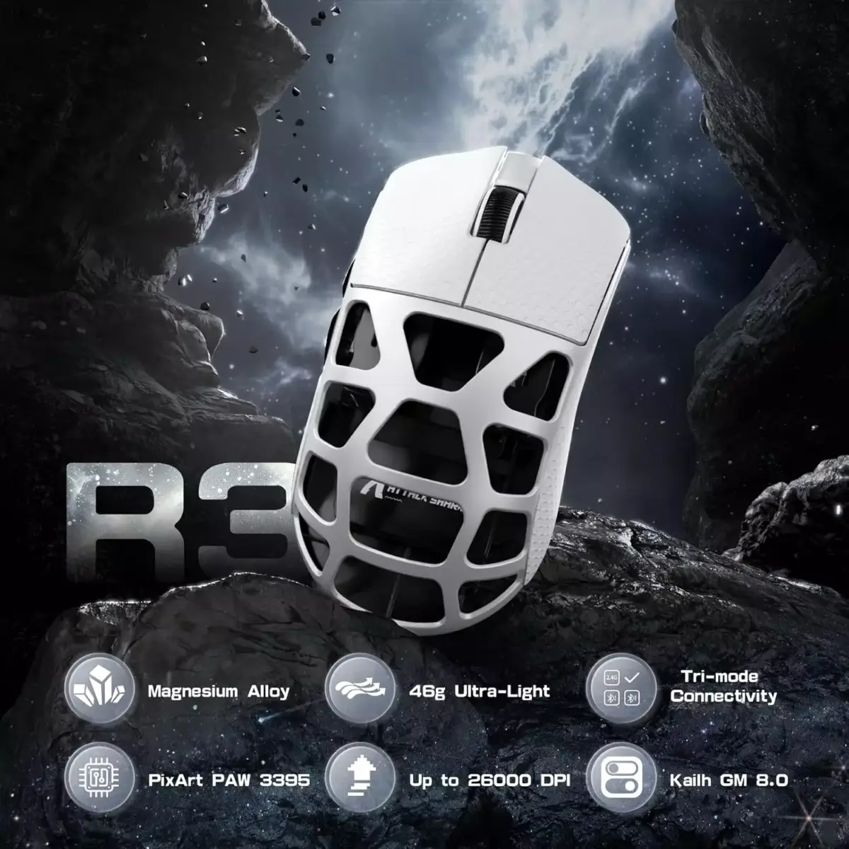 ATTACK SHARK R3 46g Superlight Magnesium Alloy Wireless,Bluetooth & Wired Gaming Mouse, 8KHz Polling Rate, PAW3395 26K DPI Sensor Programmable With Griptape (Silver)
