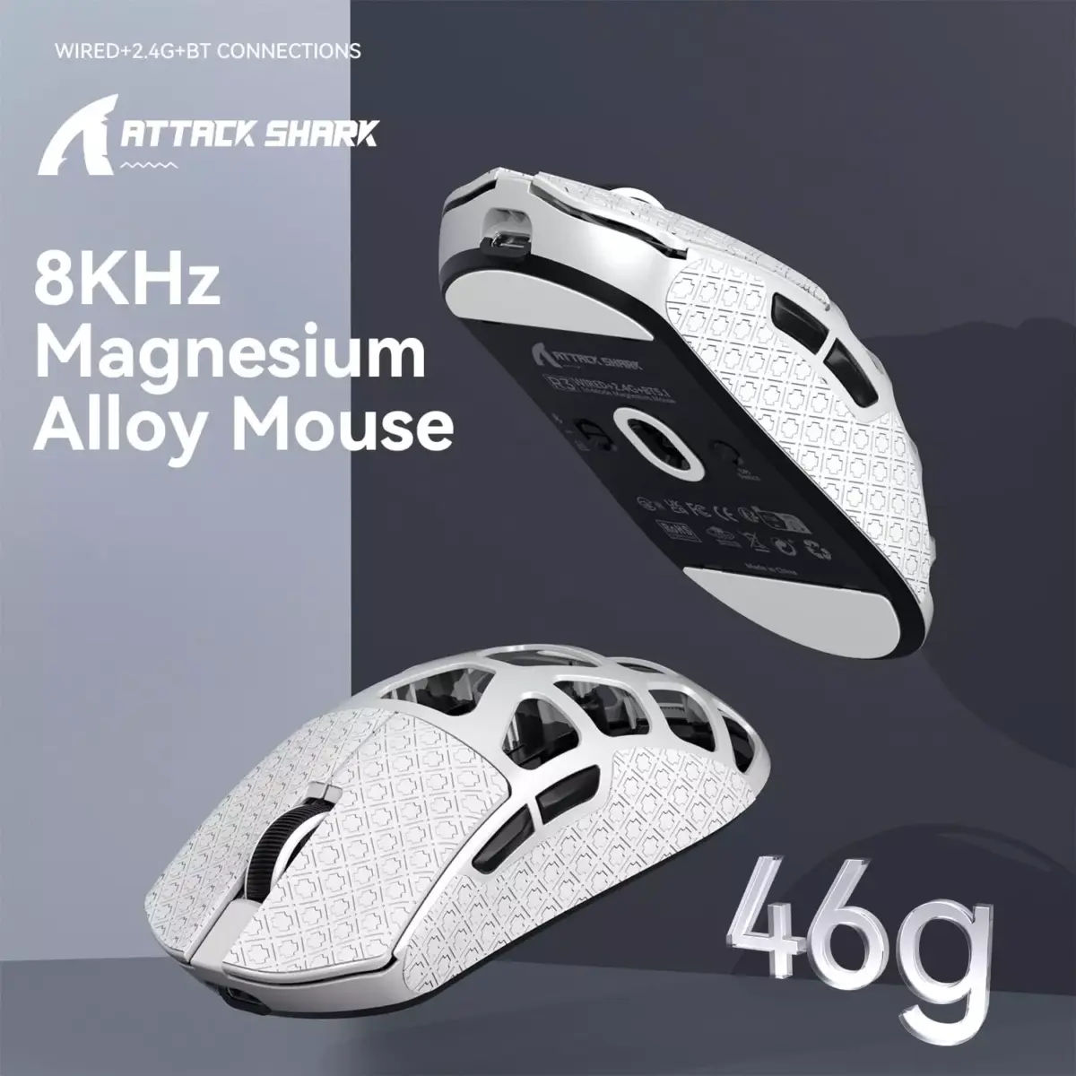 ATTACK SHARK R3 46g Superlight Magnesium Alloy Wireless,Bluetooth & Wired Gaming Mouse, 8KHz Polling Rate, PAW3395 26K DPI Sensor Programmable With Griptape (Silver)
