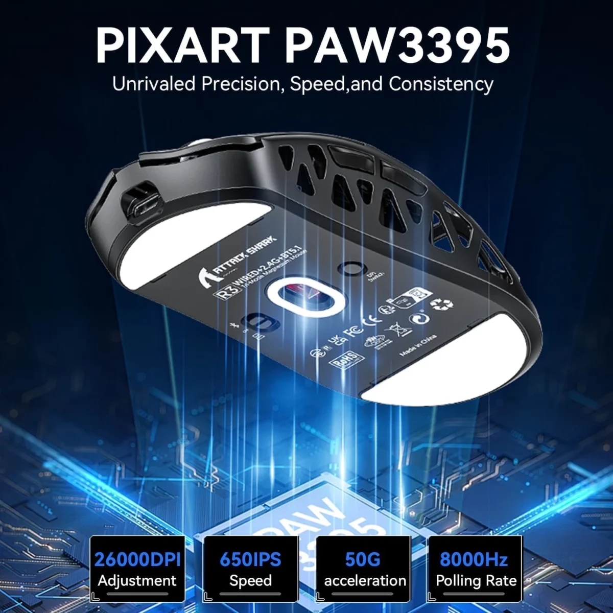 ATTACK SHARK R3 46g Superlight Tri Mode BT/Wireless 2.4Ghz/Wired Gaming Mouse, Magnesium Alloy, PAW3395 26K DPI Sensor, 8000Hz Wireless Polling Rate (Grey)