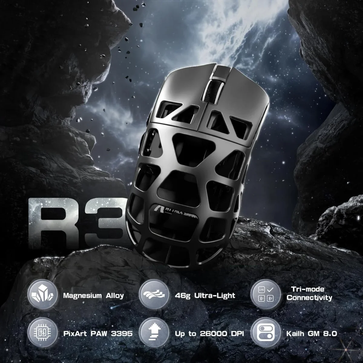 ATTACK SHARK R3 46g Superlight Tri Mode BT/Wireless 2.4Ghz/Wired Gaming Mouse, Magnesium Alloy, PAW3395 26K DPI Sensor, 8000Hz Wireless Polling Rate (Grey)
