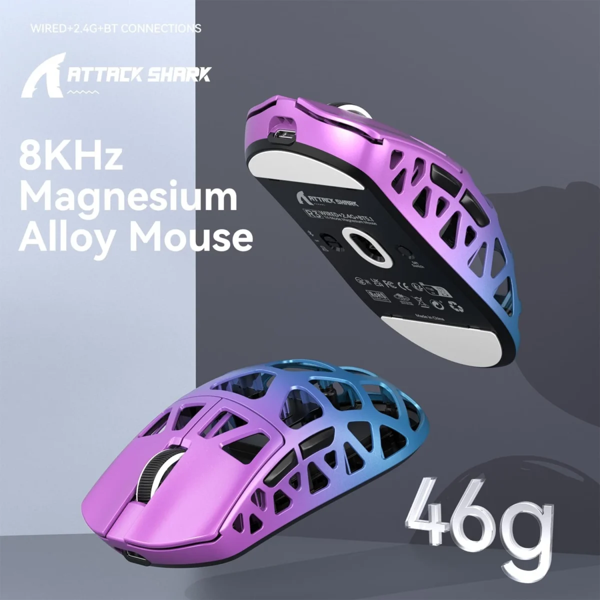 ATTACK SHARK R3 46g Superlight Tri Mode BT/Wireless 2.4Ghz/Wired Gaming Mouse, Magnesium Alloy, PAW3395 26K DPI Sensor, 8000Hz Wireless Polling Rate (Purple)