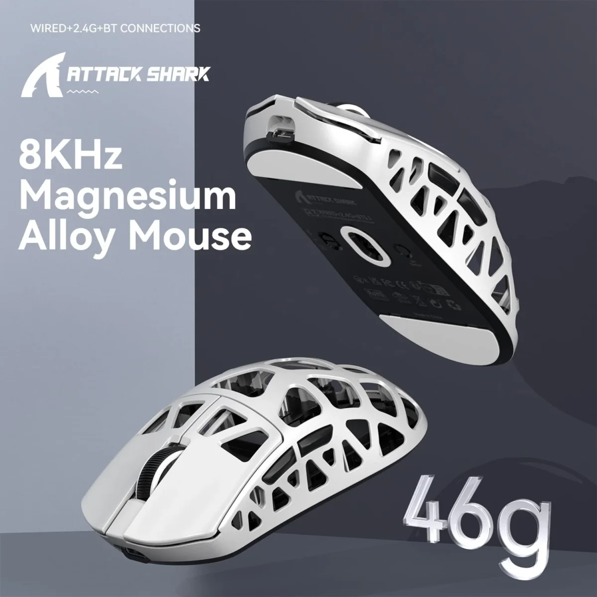ATTACK SHARK R3 46g Superlight Tri Mode BT/Wireless 2.4Ghz/Wired Gaming Mouse, Magnesium Alloy, PAW3395 26K DPI Sensor, 8000Hz Wireless Polling Rate (Silver)