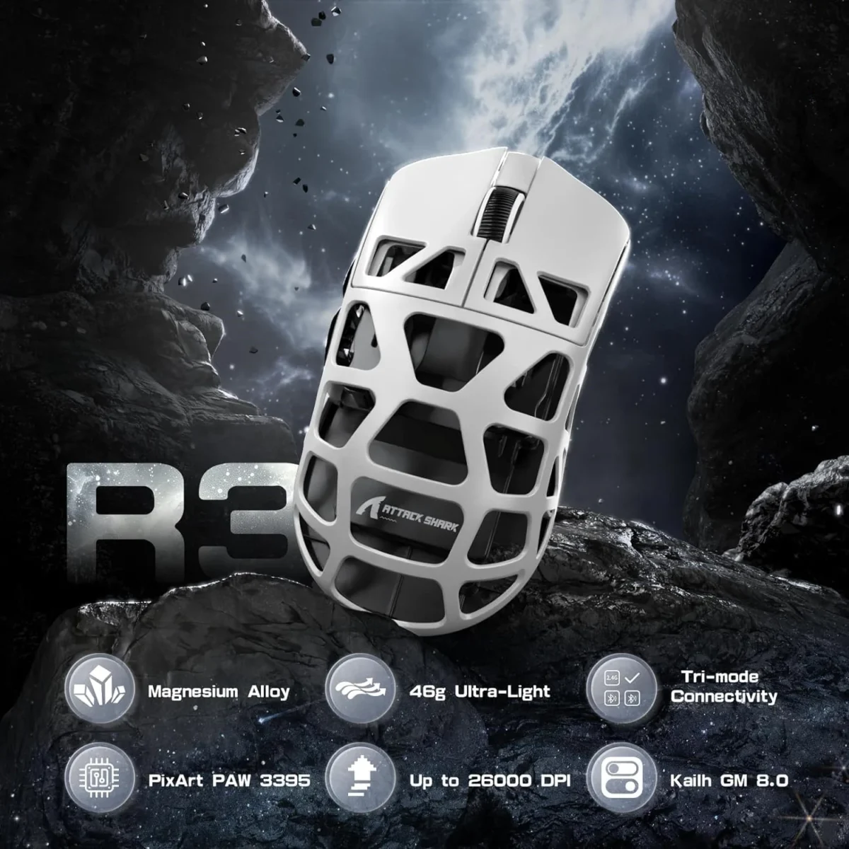 ATTACK SHARK R3 46g Superlight Tri Mode BT/Wireless 2.4Ghz/Wired Gaming Mouse, Magnesium Alloy, PAW3395 26K DPI Sensor, 8000Hz Wireless Polling Rate (Silver)