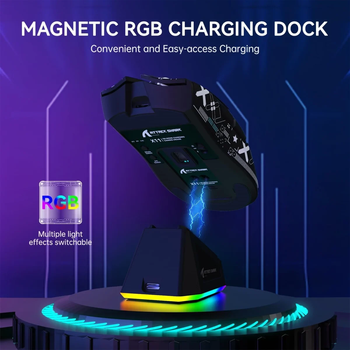 ATTACK SHARK X11 Lightweight Tri-Mode Wireless 2.4G/USB-C Wired/BT Gaming Mouse with RGB Charging Dock ,22K DPI,PAW3311 Optical Sensor (Black)