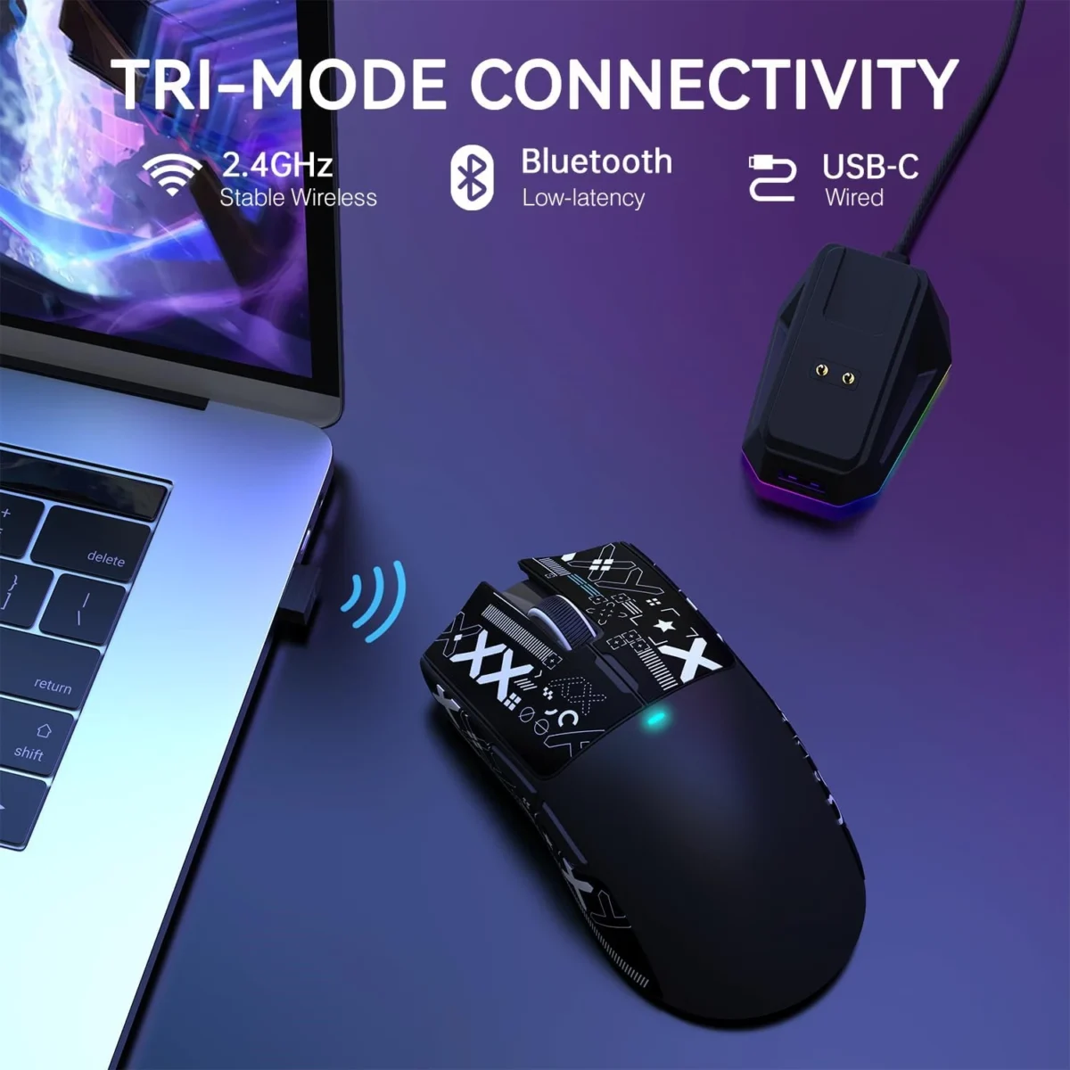 ATTACK SHARK X11 Lightweight Tri-Mode Wireless 2.4G/USB-C Wired/BT Gaming Mouse with RGB Charging Dock ,22K DPI,PAW3311 Optical Sensor (Black)