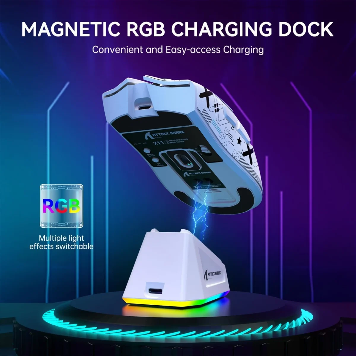 ATTACK SHARK X11 Lightweight Tri-Mode Wireless 2.4G/USB-C Wired/BT Gaming Mouse with RGB Charging Dock ,22K DPI,PAW3311 Optical Sensor (White)