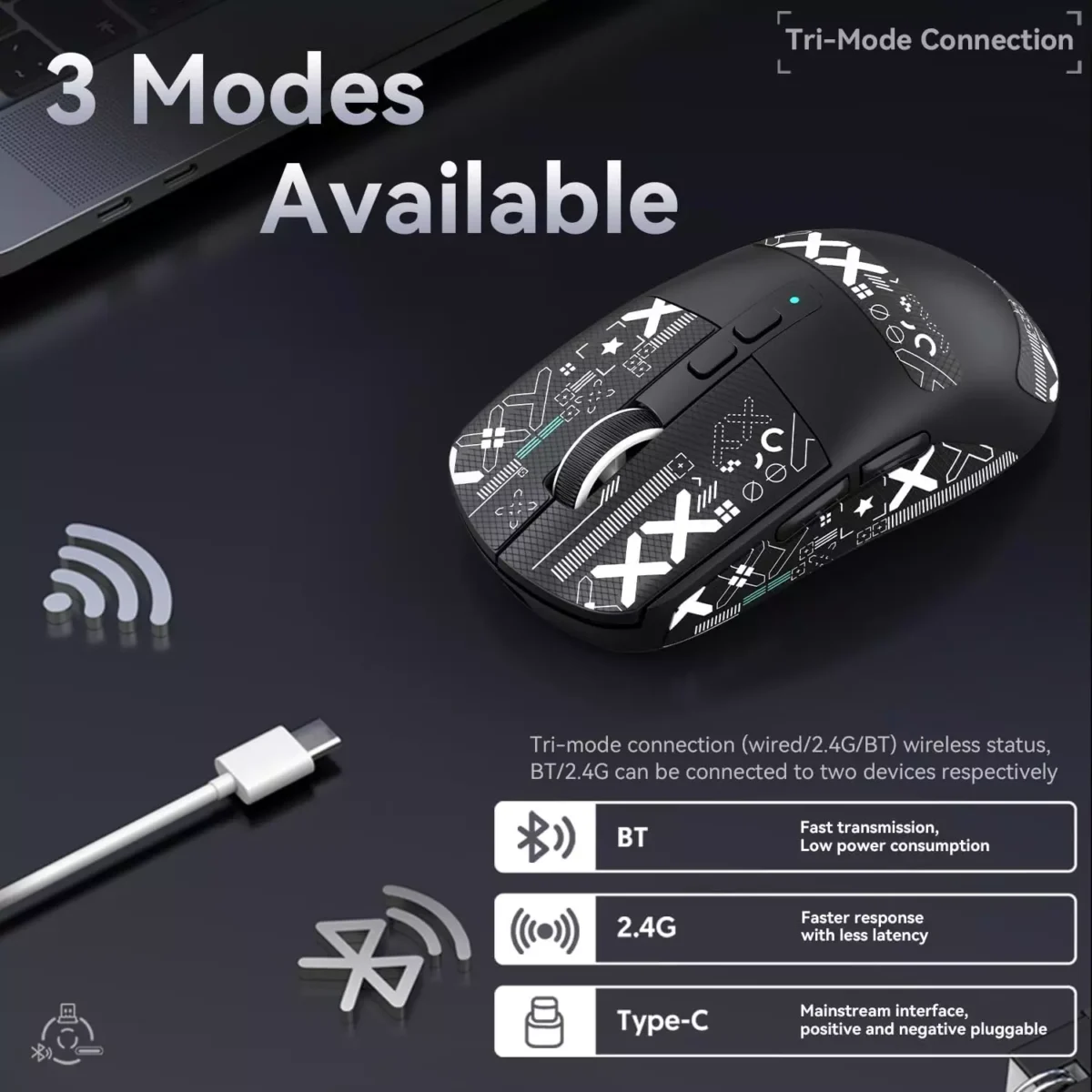 ATTACK SHARK X6 Tri-Mode WiredWireless 2.4GHzBT5.2Gaming Mouse with RGB Backlight Charging Base, 26K DPI, PAW3395 Optical Sensor Lightweight 49G (Black)