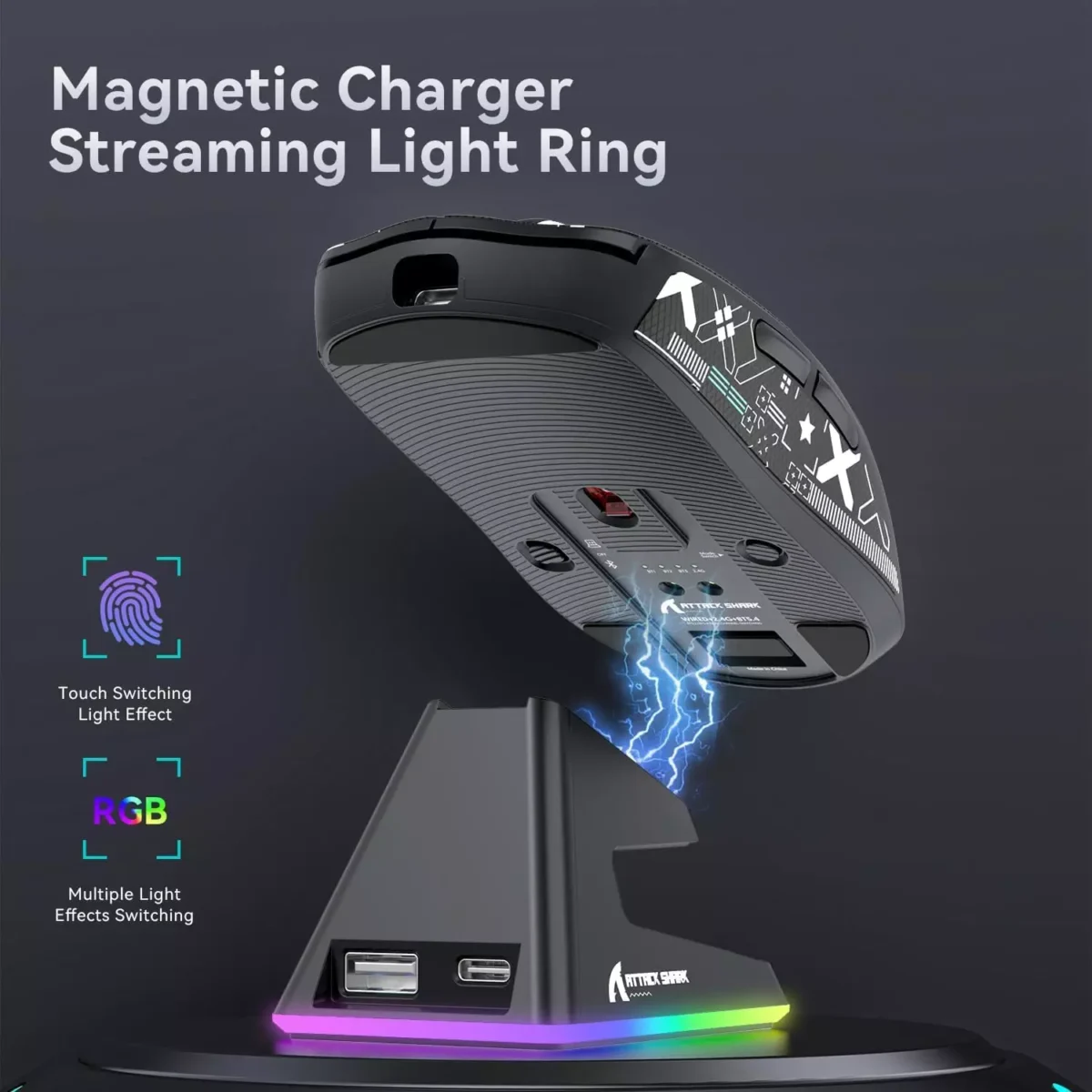 ATTACK SHARK X6 Tri-Mode WiredWireless 2.4GHzBT5.2Gaming Mouse with RGB Backlight Charging Base, 26K DPI, PAW3395 Optical Sensor Lightweight 49G (Black)