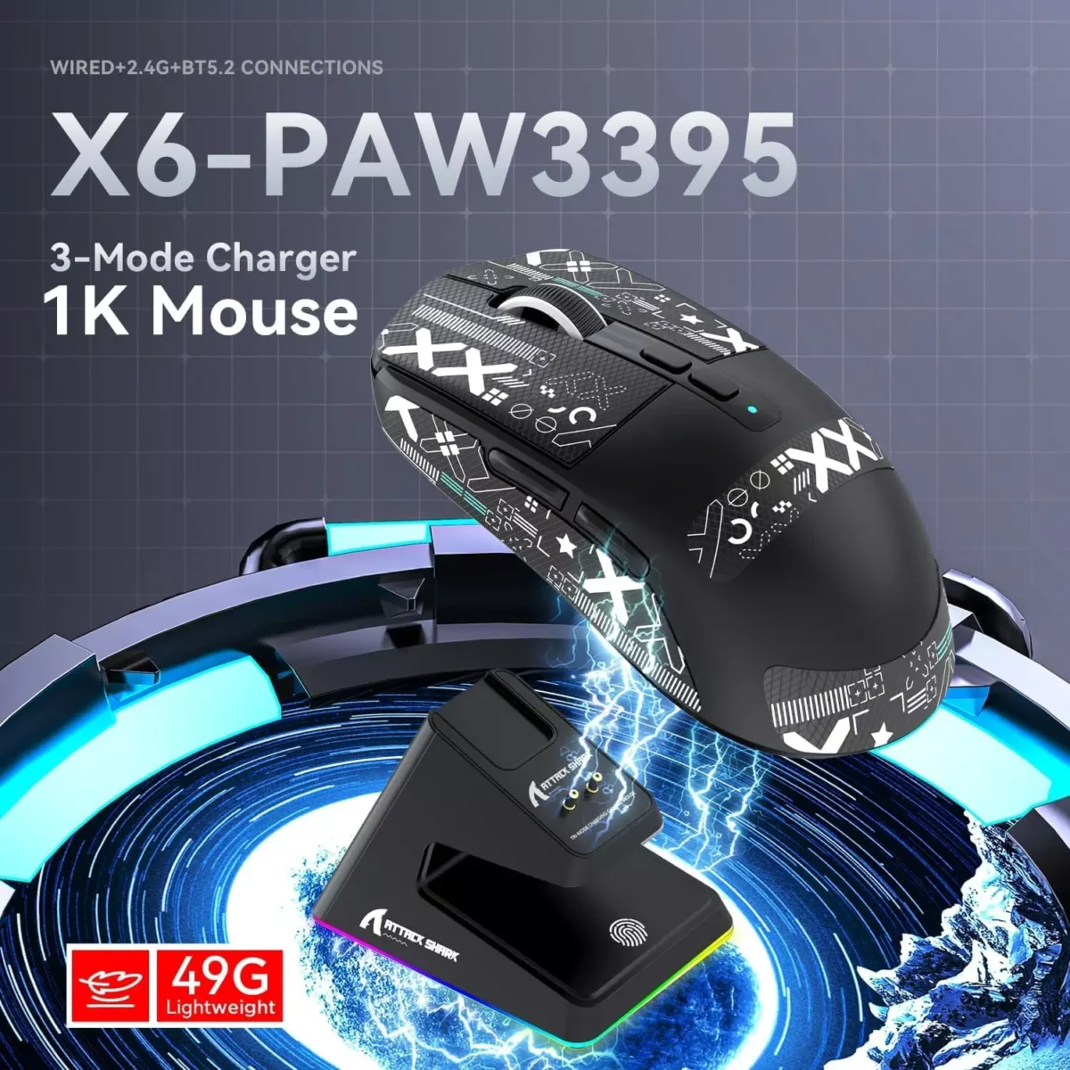 ATTACK SHARK X6 Tri-Mode WiredWireless 2.4GHzBT5.2Gaming Mouse with RGB Backlight Charging Base, 26K DPI, PAW3395 Optical Sensor Lightweight 49G (Black)