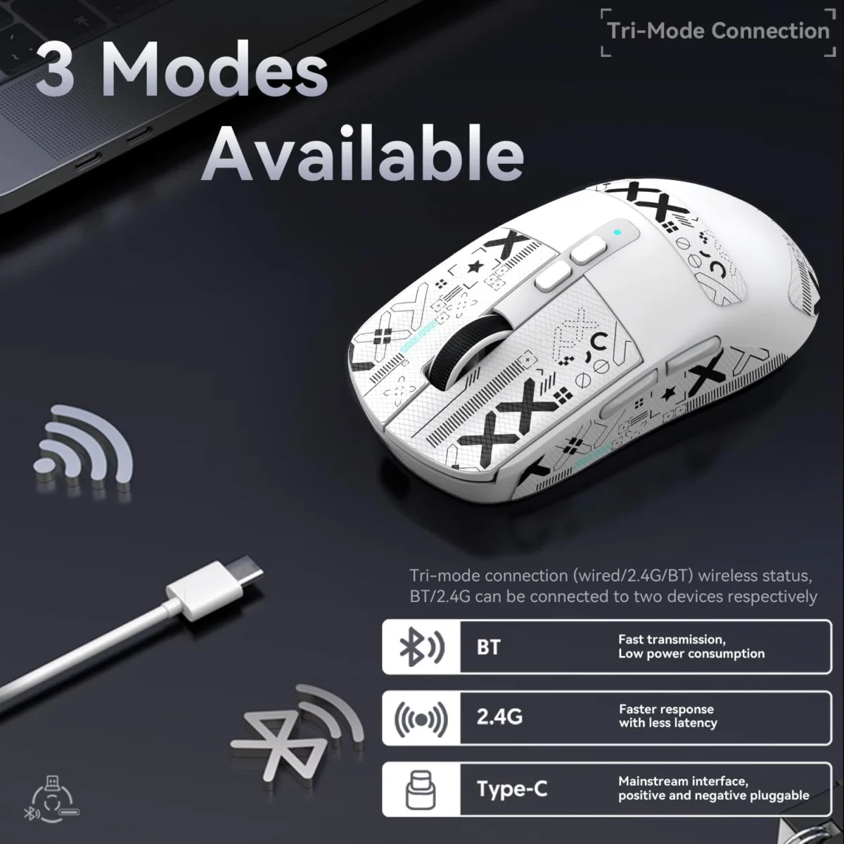 ATTACK SHARK X6 Tri-Mode WiredWireless 2.4GHzBT5.2Gaming Mouse with RGB Backlight Charging Base, 26K DPI, PAW3395 Optical Sensor Lightweight 49G (White)
