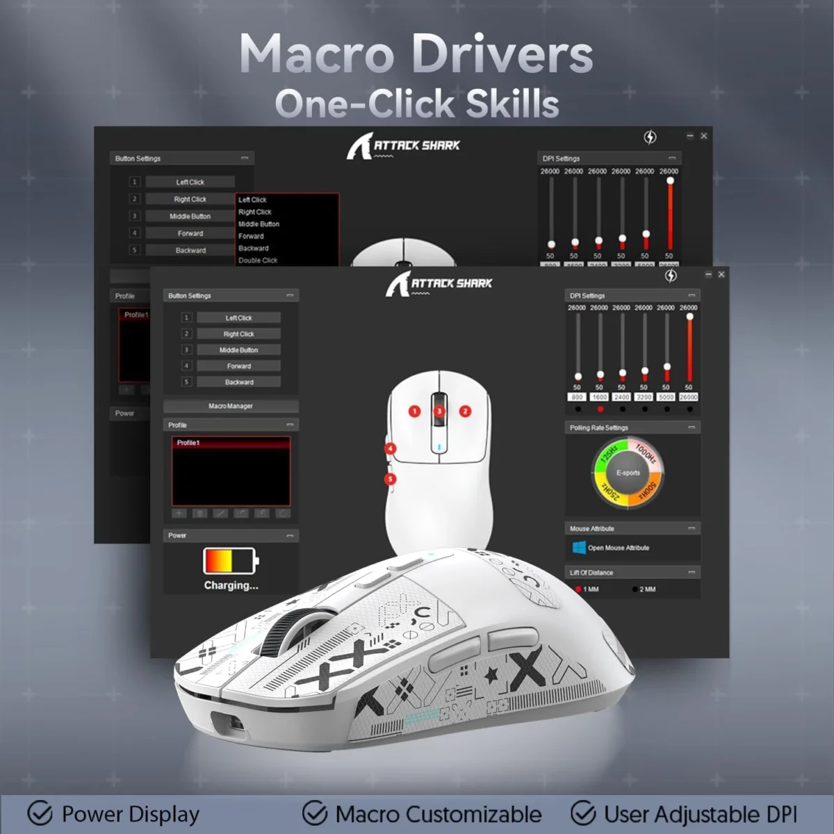 ATTACK SHARK X6 Tri-Mode WiredWireless 2.4GHzBT5.2Gaming Mouse with RGB Backlight Charging Base, 26K DPI, PAW3395 Optical Sensor Lightweight 49G (White)