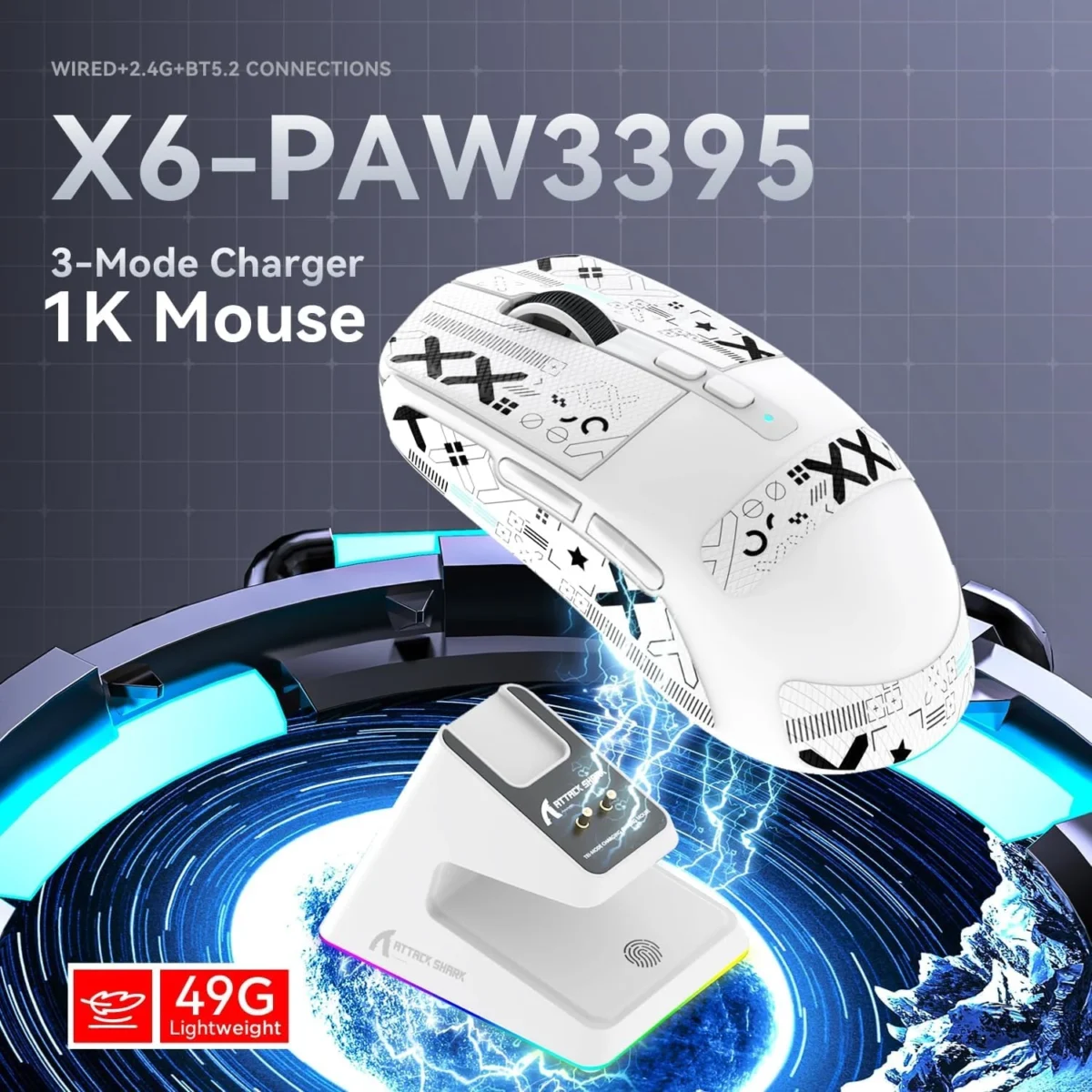 ATTACK SHARK X6 Tri-Mode WiredWireless 2.4GHzBT5.2Gaming Mouse with RGB Backlight Charging Base, 26K DPI, PAW3395 Optical Sensor Lightweight 49G (White)