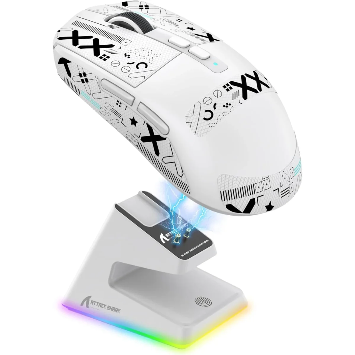 ATTACK SHARK X6 Tri-Mode WiredWireless 2.4GHzBT5.2Gaming Mouse with RGB Backlight Charging Base, 26K DPI, PAW3395 Optical Sensor Lightweight 49G (White)