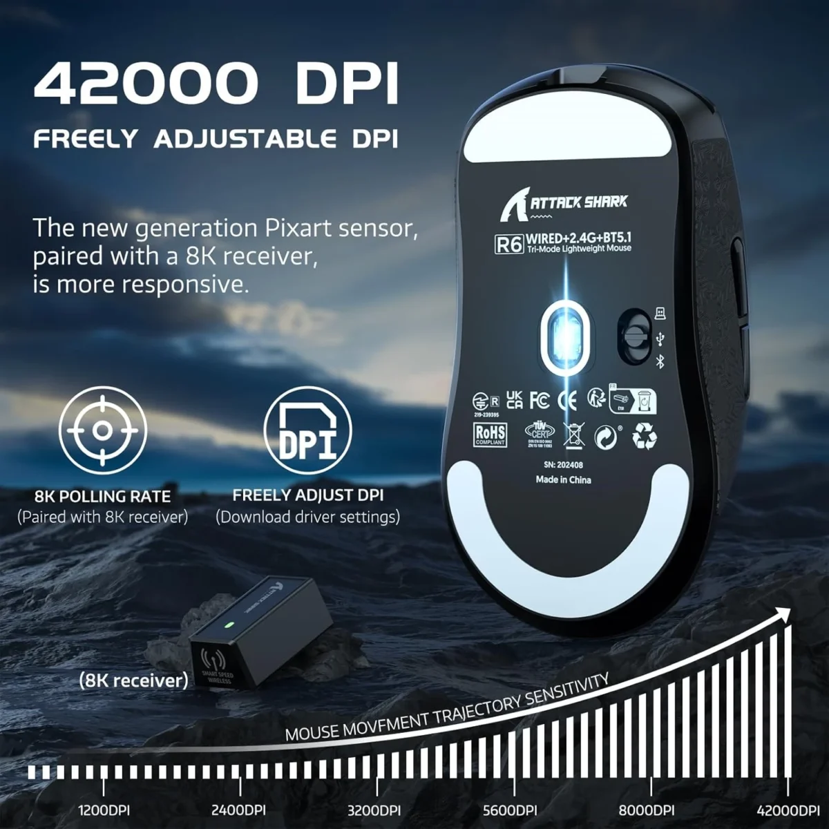 Attack Shark R6 Tri-mode Wireless 2.4G/Bluetooth/wired Gaming Mouse, 42K DPl PAW 3950Max Sensor Nordic 52480, 8KHz Polling, OMRON Optical Switch Ultralight 39g (Black)